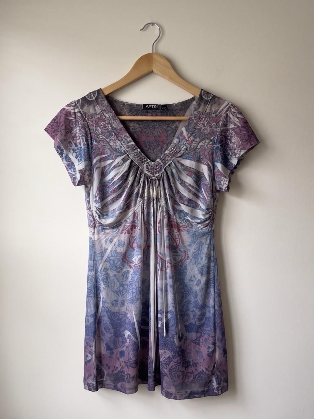 y2k fairy boho whimsy floral babydoll v neck rhinestone flowy blouse size small